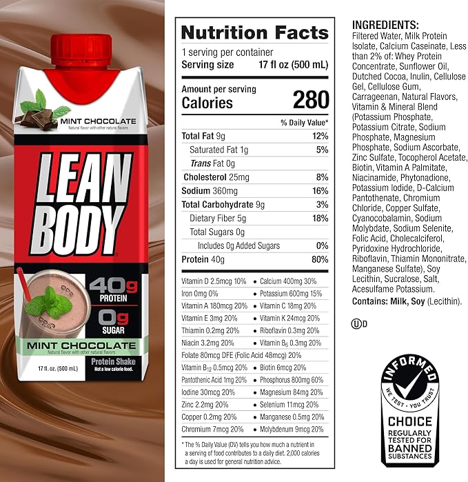 Labrada Lean Body Ready-to-Drink Mint Chocolate 40g Protein, 0 Sugar, 22 Vitamins 12) LABRADA