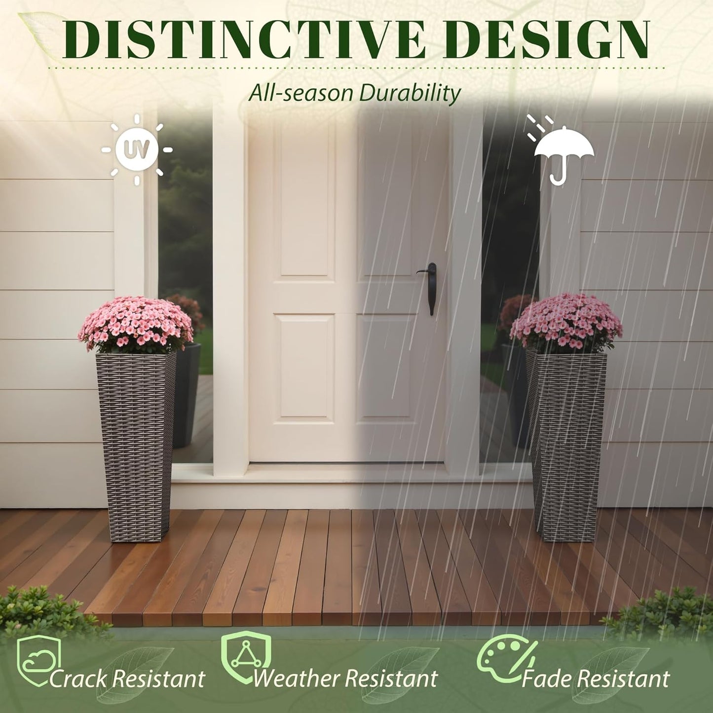 JUMMICO Set of 2 Resin Rattan Tall Planters for Outdoor Plants, Large Tapered Planters with Drainage Holes&Inner Trays, Flower Pots for Garden, Patio, Porch, Backyard (Brown, 24'')