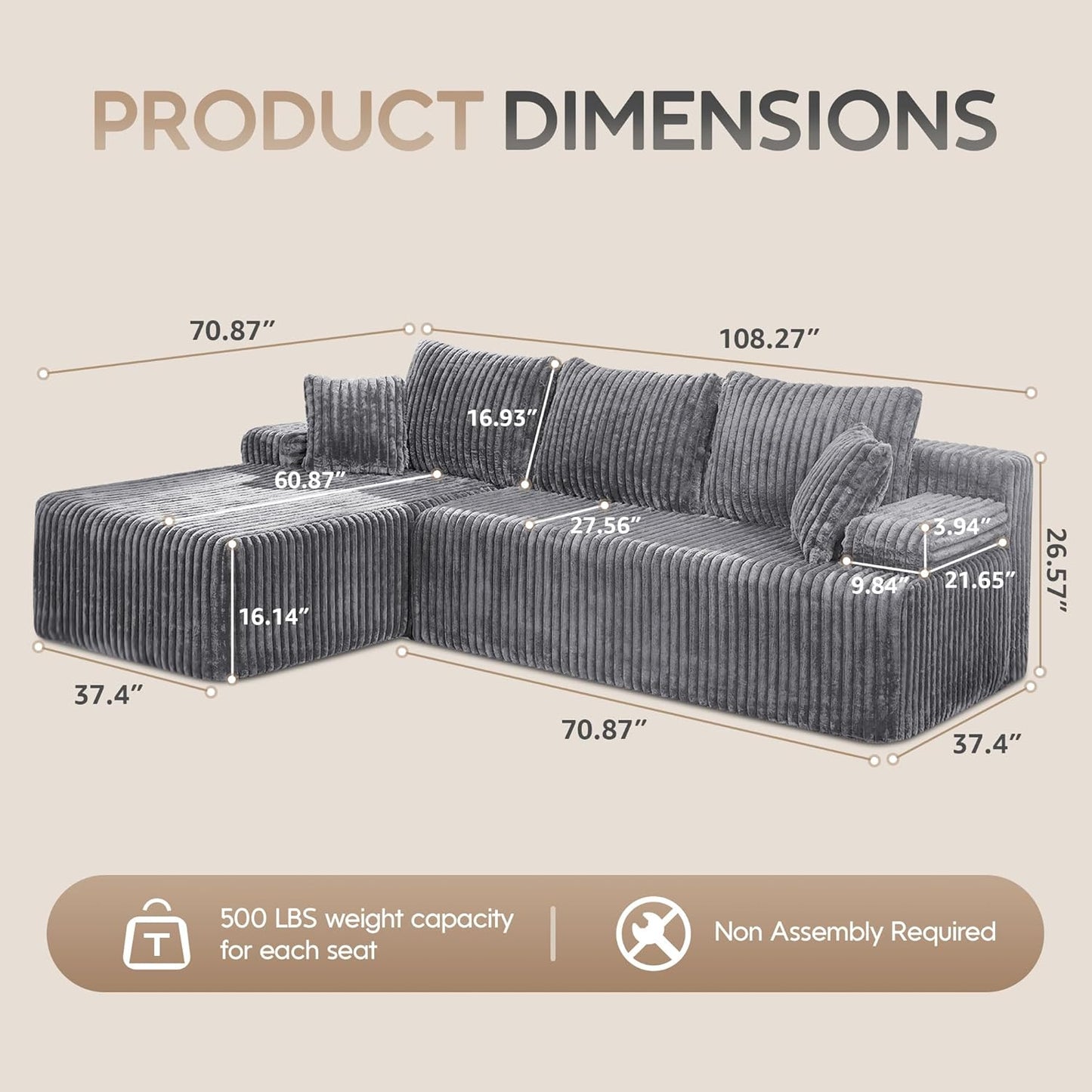 Hobestluk Modular Sectional Sofa Couches 108" L-Shape Couch 3 Seat Modular Sofa Memory Foam Sectional Couches for Living Room, Boneless Couch with Oversized Chaise (Light Grey, Left Facing)
