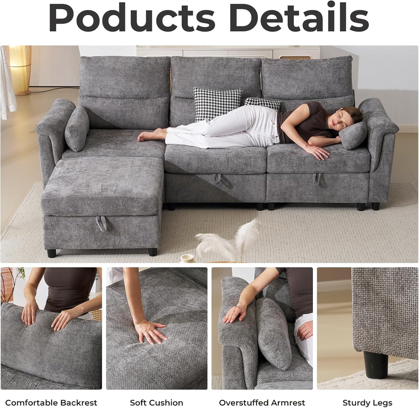 103'' Modular Sectional Sofa, L Shaped Comfy Cloud Couch with Storage,4-Seat Convertible Modern Deep Seat Sofa with Throw Pillows for Living Room, Grey