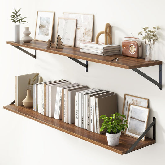 Floating Shelves 55 Inch Long, 10" Deep Floating Shelves, Walnut Wall Shelves 55 x 10, Set of 2, Wide Large Display Storage Shelves for Bathroom, Living Room, Rustic Wood Shelves with Brackets