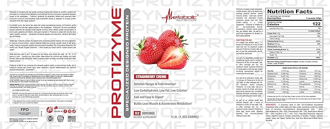 Metabolic Nutrition, Protizyme, 100% Whey Protein Powder, High Protein, Low Carb, Low Fat Whey Protein, Digestive Enzymes, 24 Essential Vitamins and Minerals, 4 Pound (52 ser)