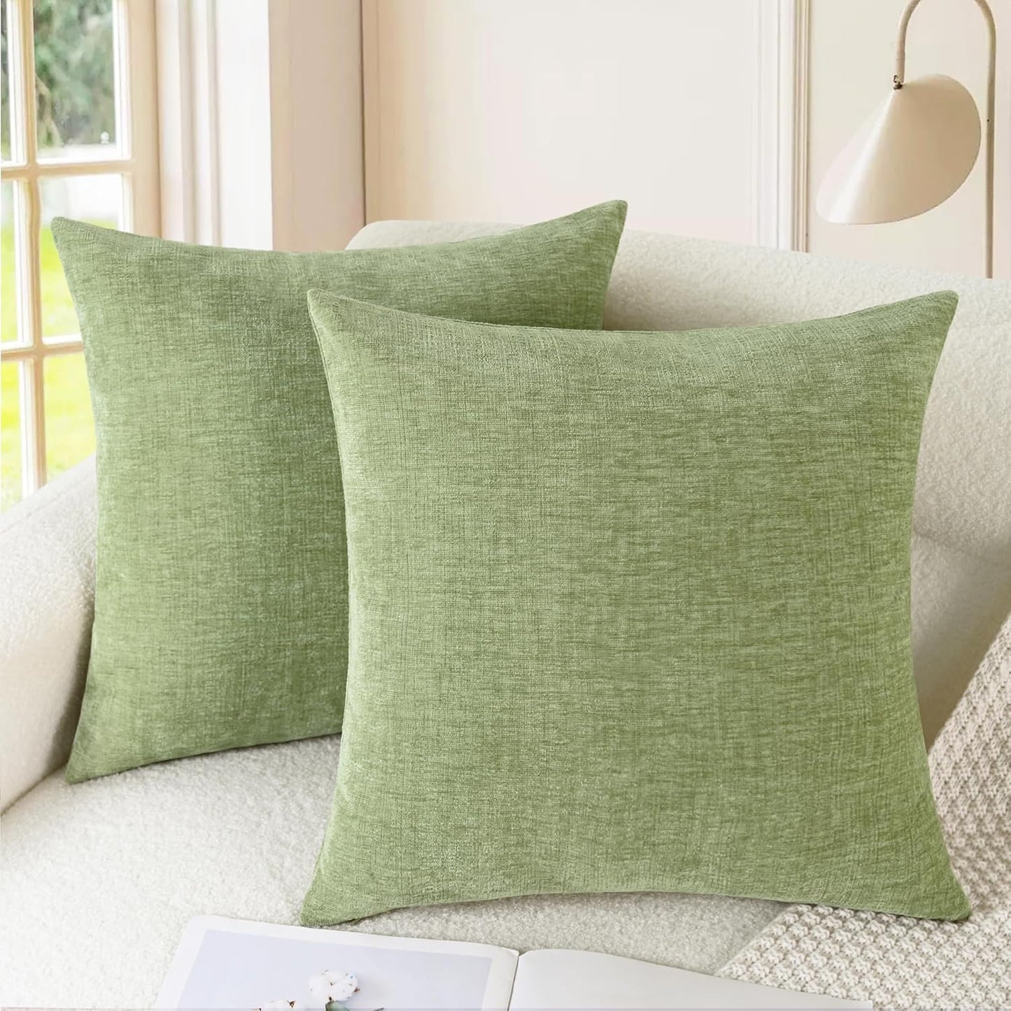 CaliTime Throw Pillow Covers Decorative 20 X 20 Inches Pack of 2 Cozy Chenille Cushion Cases for Couch Sofa Bed Living Room Home Sage Green