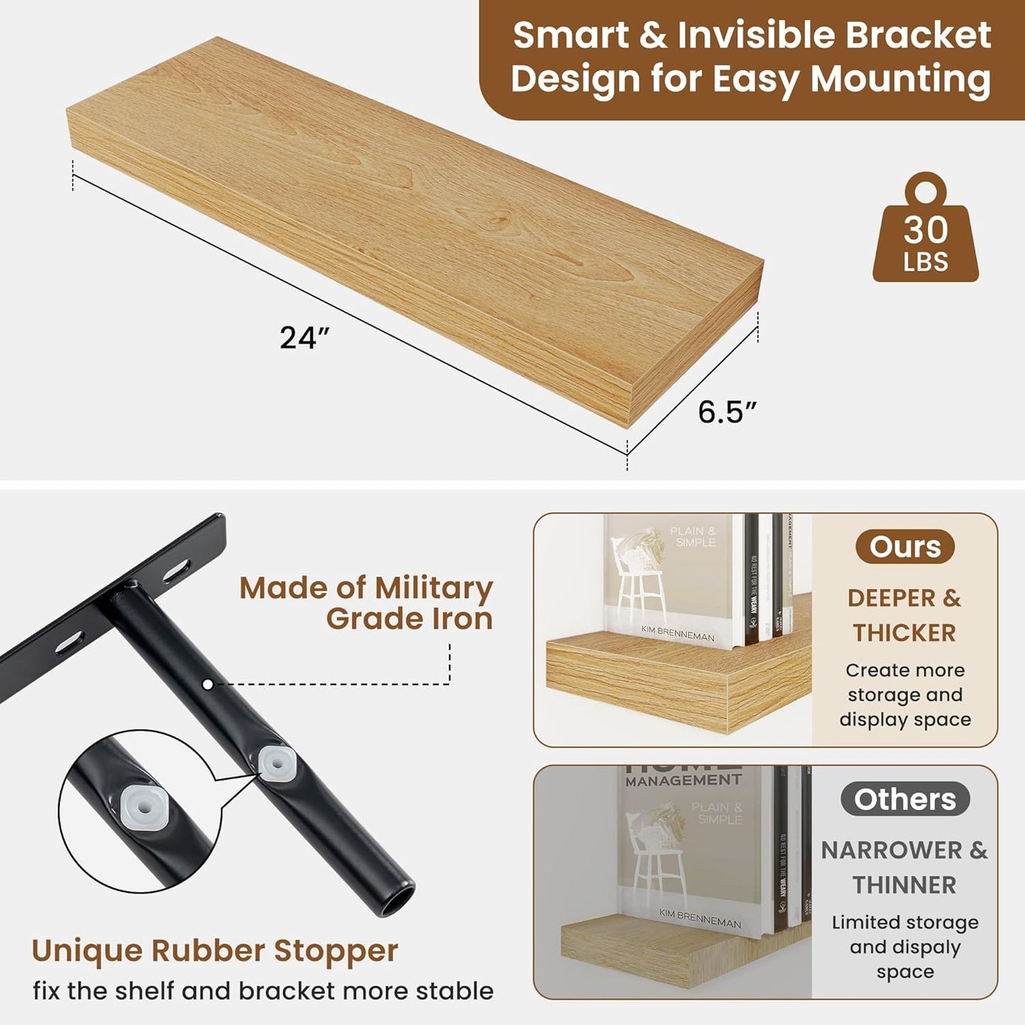 fuqing Floating Shelves for Wall, Bathroom Shelf Wall Mounted for Storage, Shelves with Invisible Bracket for Bedroom, Kitchen, Living Room, Farmhouse Small Book Shelf, 24 Inch Set of 2, Oak