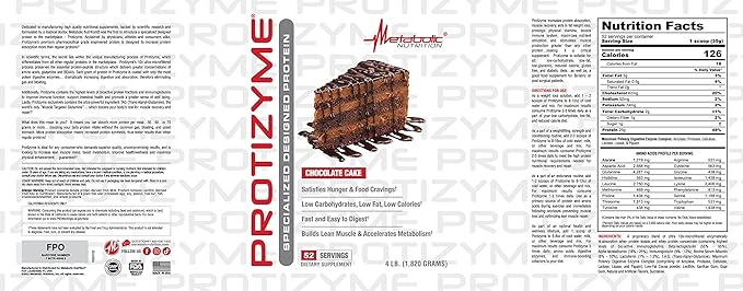 Metabolic Nutrition, Protizyme, 100% Whey Protein Powder, High Protein, Low Carb, Low Fat Whey Protein, Digestive Enzymes, 24 Essential Vitamins and Minerals, 4 Pound, 52 Servings