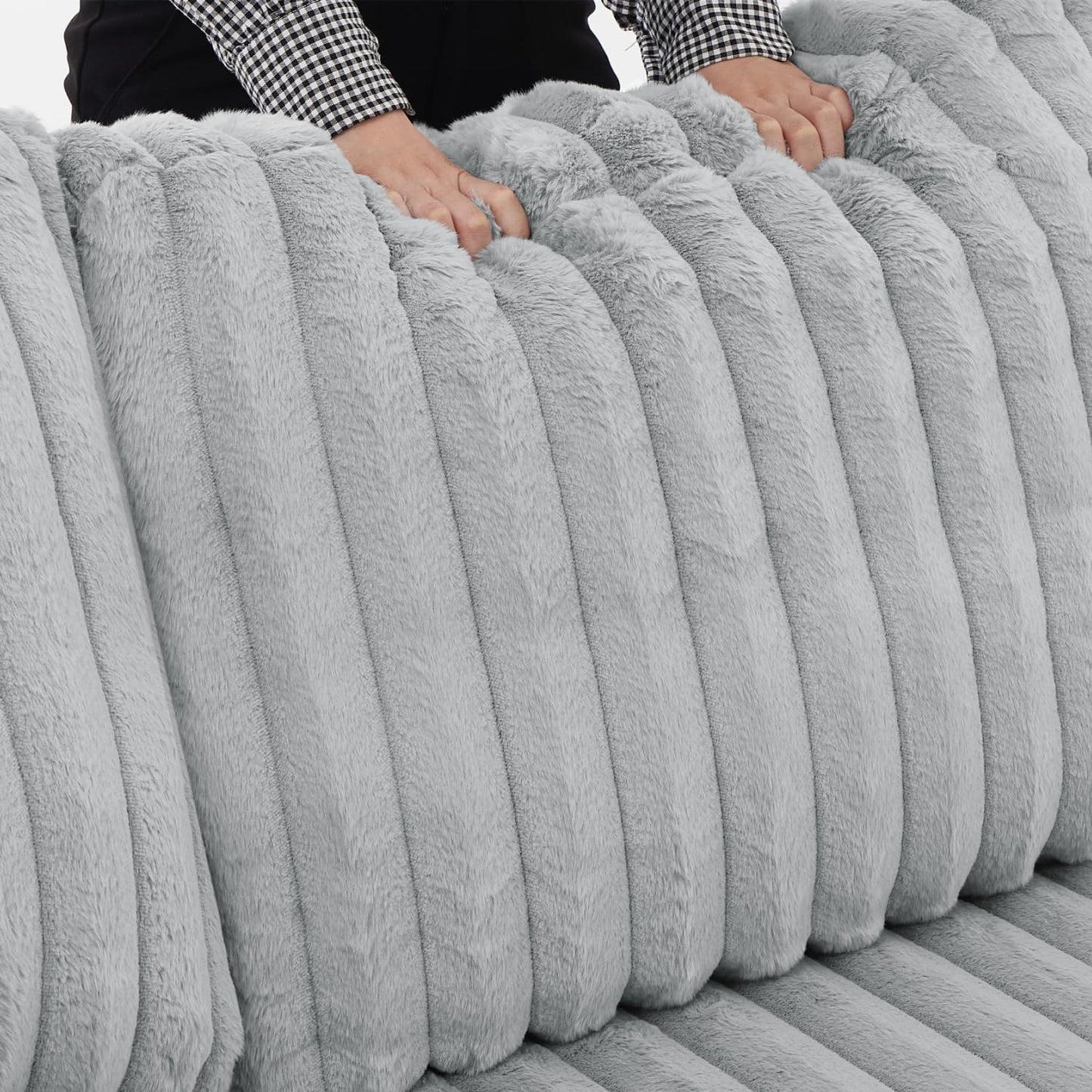 THSUPER 122-Inch Oversized U Shaped Plush Corduroy Fluffy Sectional Sleeper Sofa with Pull Out Bed, Storage Chaise Lounge and USB Charging Port - Gray