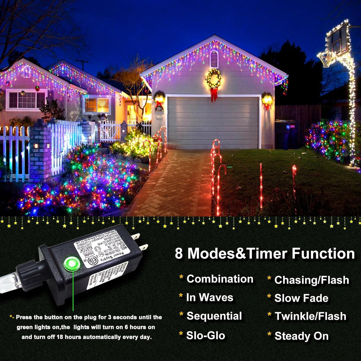 Icicle Christmas Lights Outdoor - 66ft 640 LED Icicle Lights for Outside with 120 Drops, Waterproof Plug in Christmas Light with Timer for Party, Holiday, Wedding, Christmas Decoration, Multicolor