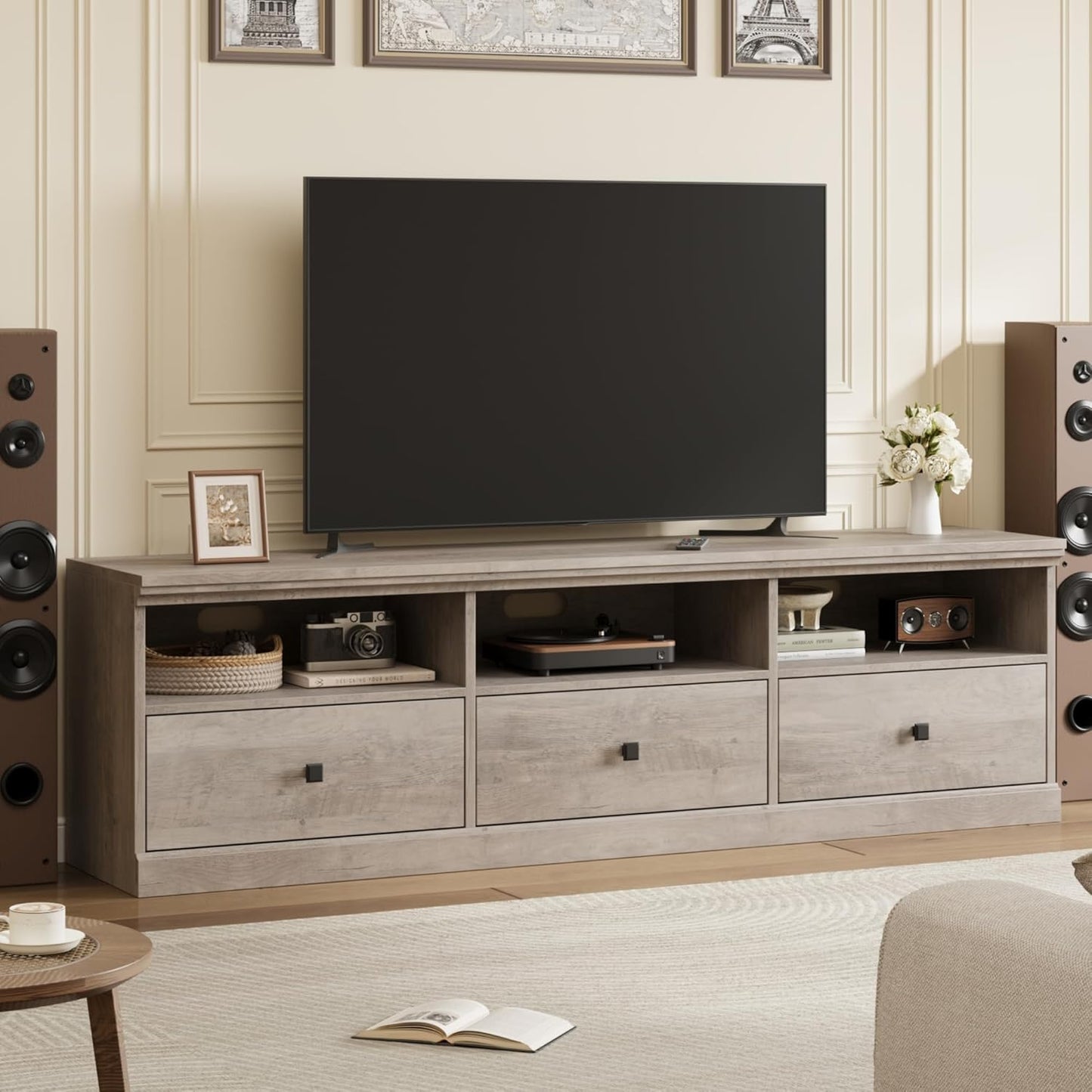 IDEALHOUSE 70in TV Stand for TVs up to 80", Mid Century Modern Entertainment Center with Storage Drawer and Open Shelves, TV Console Media Cabinet for Living Room, Bedroom, Rustic Gray