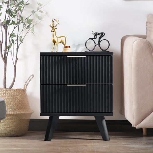 Fluted Nightstand, Mid Century Modern 2 Drawer Bedside Table for Bedroom, Small Dresser Night Stand Side Table End Tables with Wood Drawer Storage for Bedroom Closet(Black)