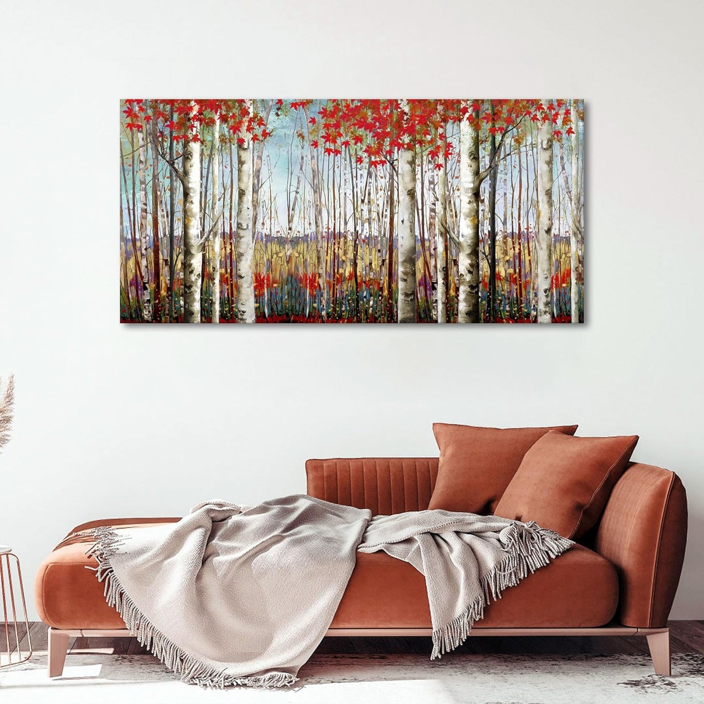 Canvas Wall Art for Living Room Bedroom Modern Wall Decor of Red Leaves White Birch Tree Forest Giclee Print Painting Artwork Wall Decoration 24x48 Large Size with Wood Framed Easy to Hang for Home