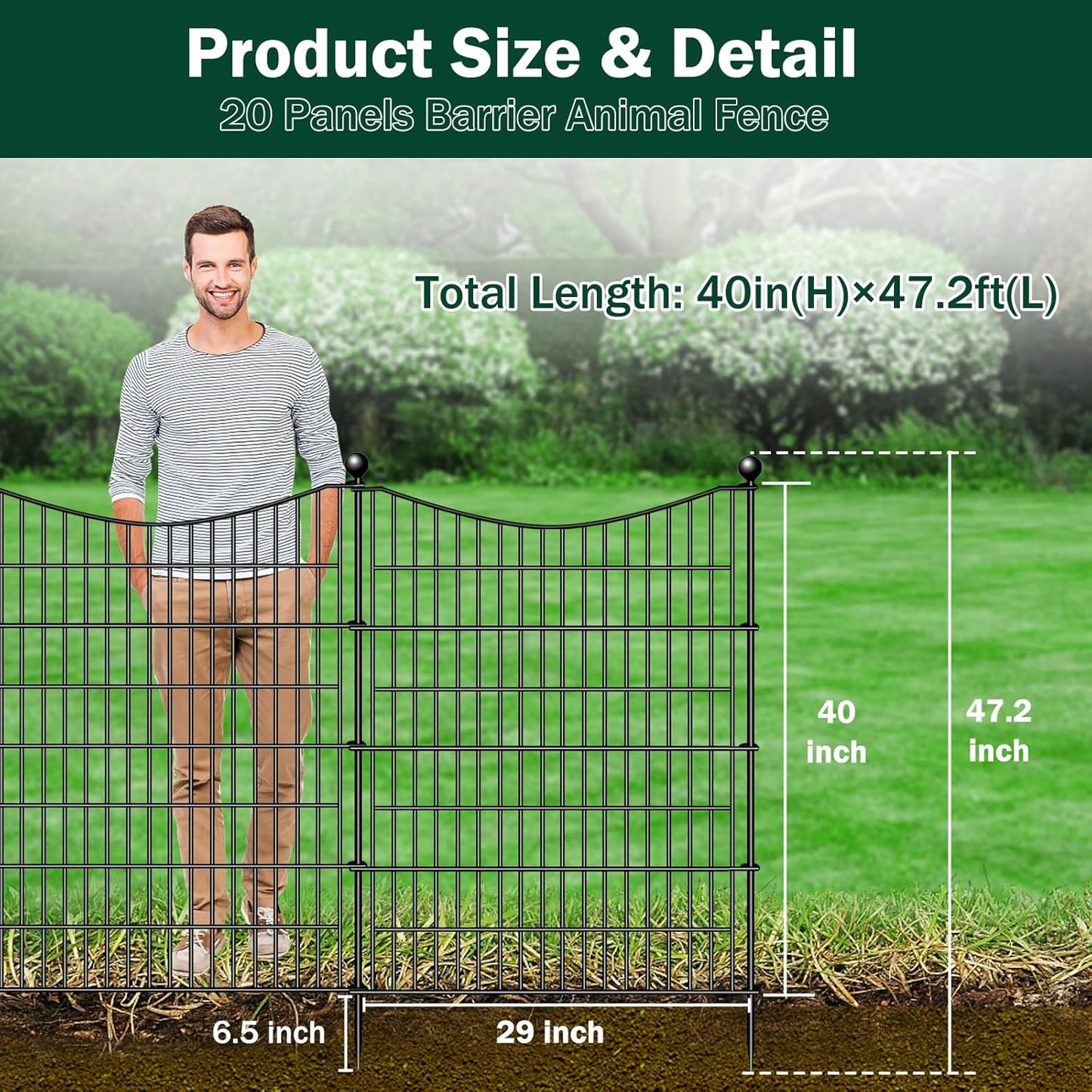 20 Panels Decorative Garden Fence with Gate, 40 in(H) X 47.2 ft(L) No Dig Dog Fence Animal Barrier Outdoor for Yard, Rustproof Metal Garden Edging and Borders, Temporary Fencing Stakes