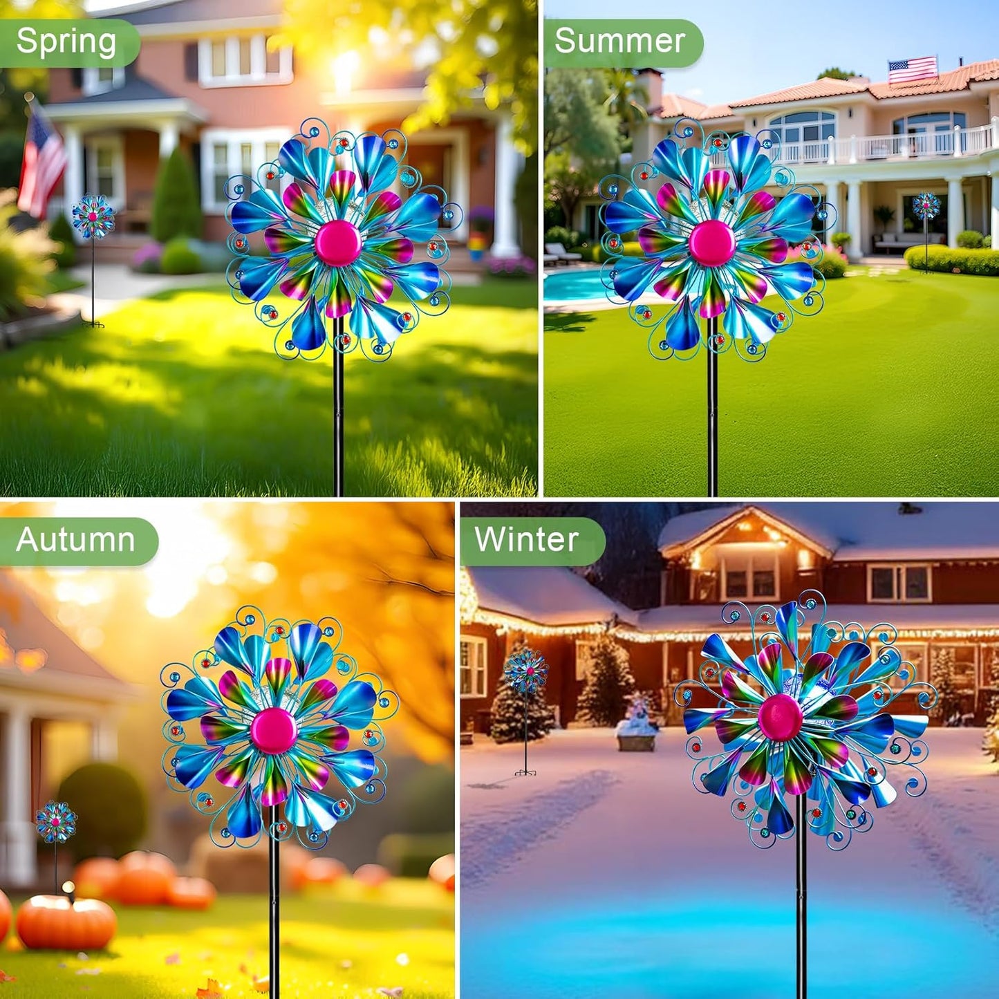 60'' Wind Spinner with Color Glass Ball Solar Lights, Blue Peacock Feathers Metal Garden Outdoor Decor Yard Lawn Art Decor for Patio Kinetic Windmills Unique Gifts for Friends and Family