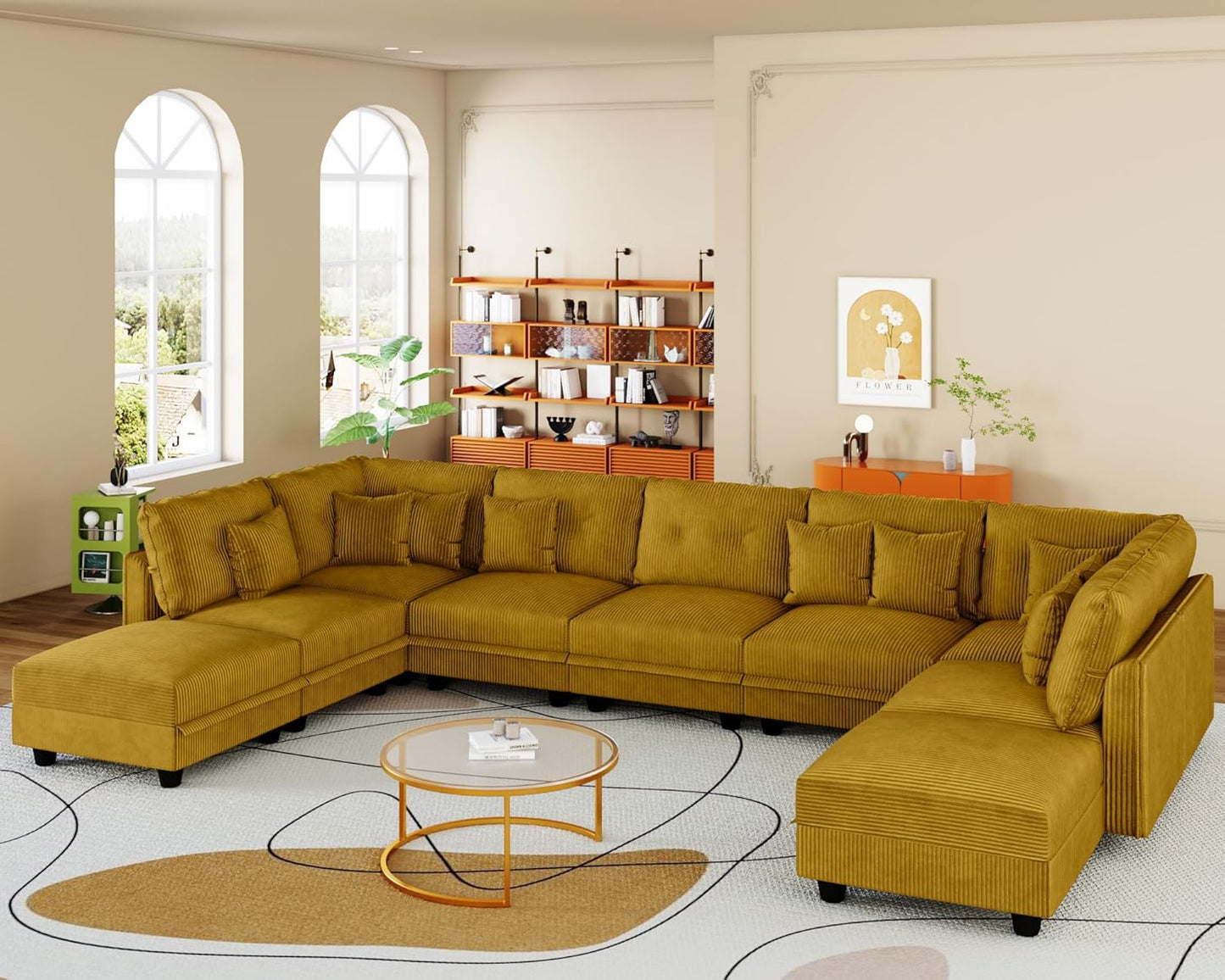 LLappuil U-Shaped Modular Sectional Sofa with Storage, 9-Seat Convertible Corduroy Couch with 9 Back Cushions & Throw Pillows, Large L-Shaped Sofa for Living Room, Yellow
