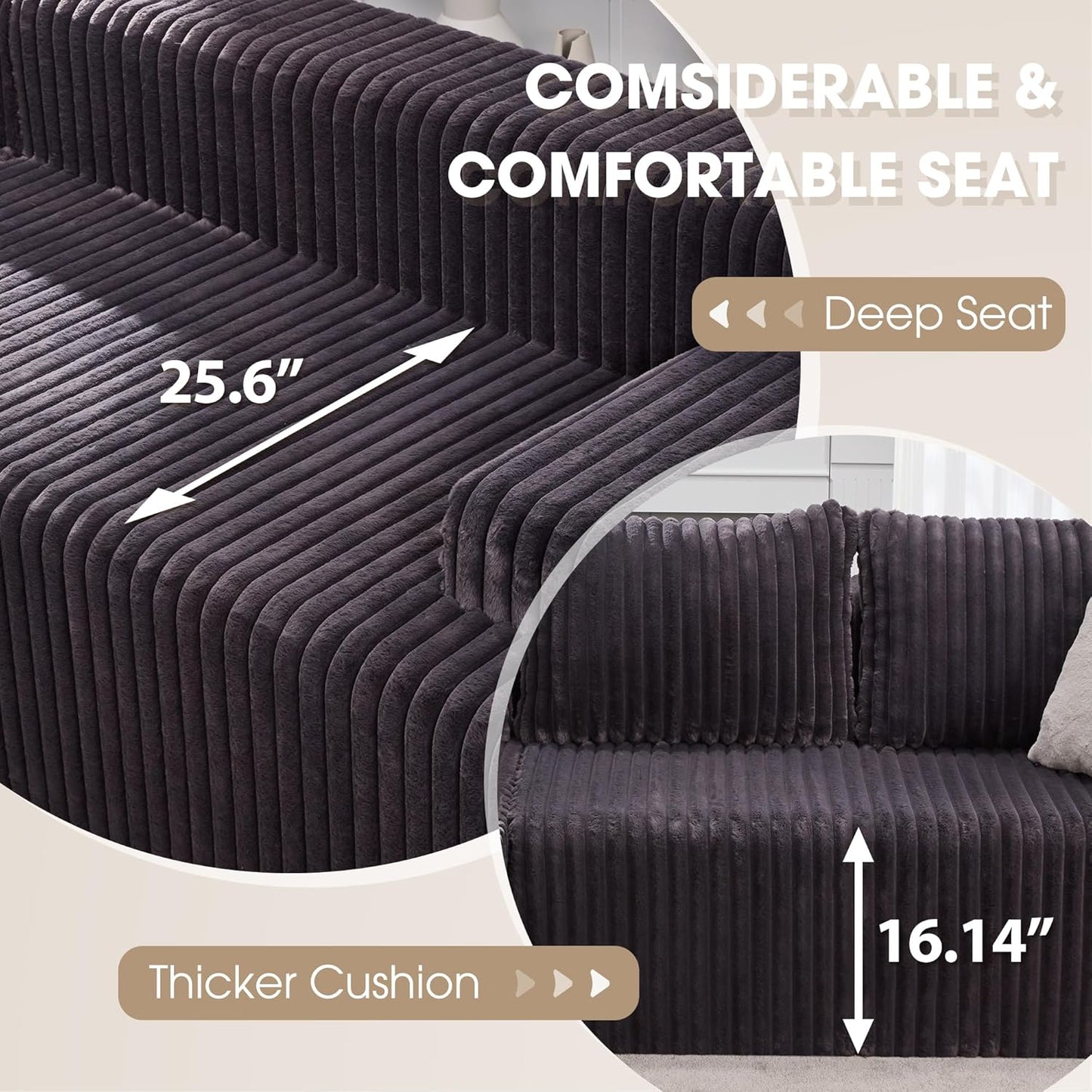 Hobestluk 96“ Modular Sectional Sofa Couches L-Shape Couch 3 Seat Modular Sofa Memory Foam Sectional Couches for Living Room, Cloud Couch with Oversized Chaise (Grey, Stripe (Left Facing Chaise))