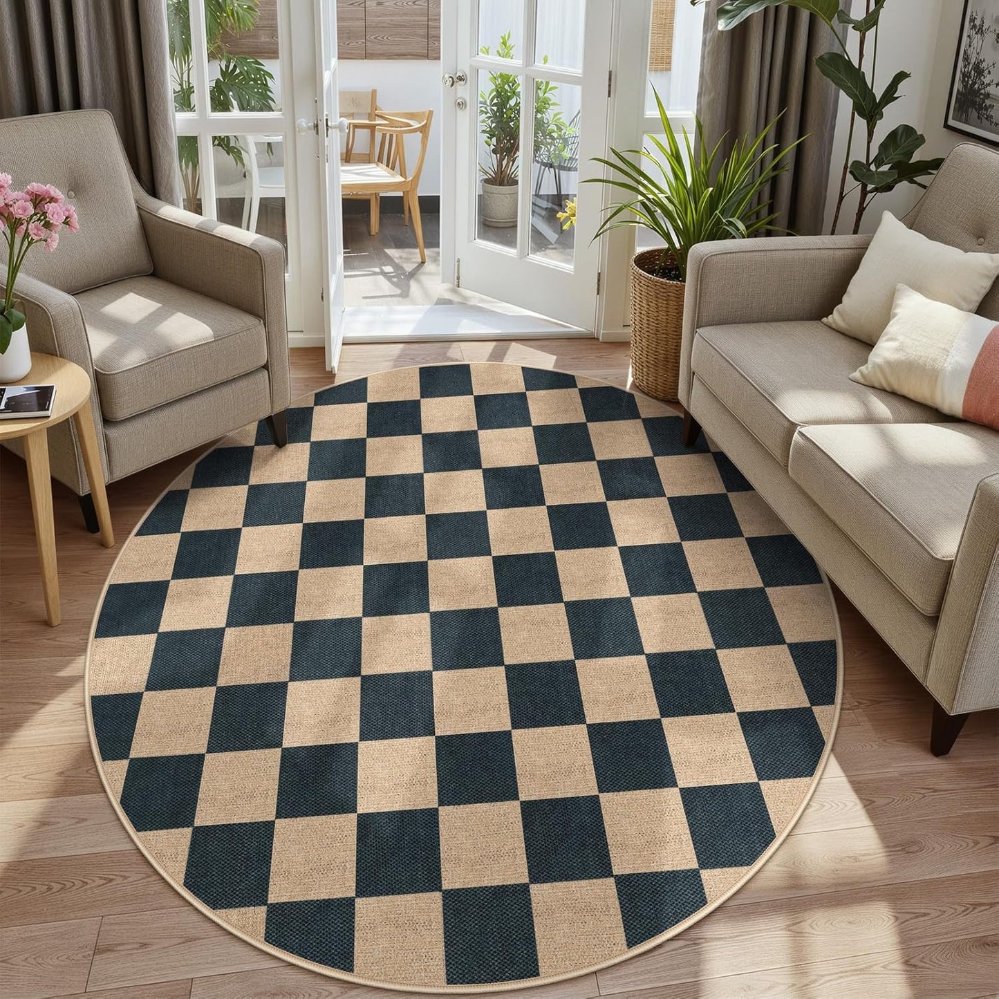 Lahome Checkered Round Rugs 6ft, Outdoor Patio Easy Jute Rug Indoor Outdoor Circle Carpet, Farmhouse Nature Non Shedding Non Slip Washable Black Carpet for Living Room Entry Deck