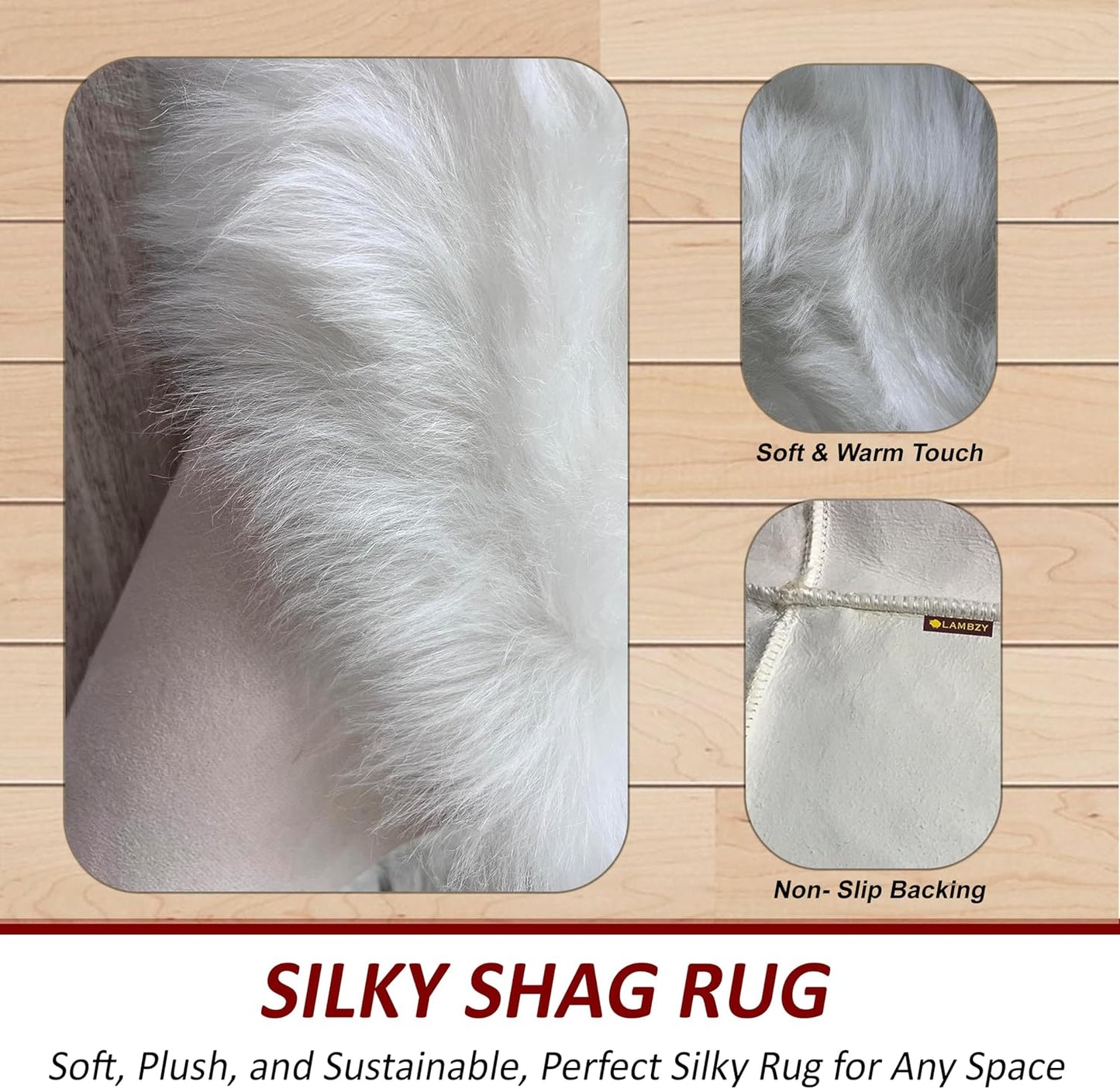 LAMBZY Faux Sheepskin Hypoallergenic Free Shape Silky Shag Rug, Luxury Shaggy Silky Plush Carpet for Bedrooms Rugs Living Kids Room Sofa Floor Rugs (Sexto 6 Pelts 6'x6', 180x180 cm,White)