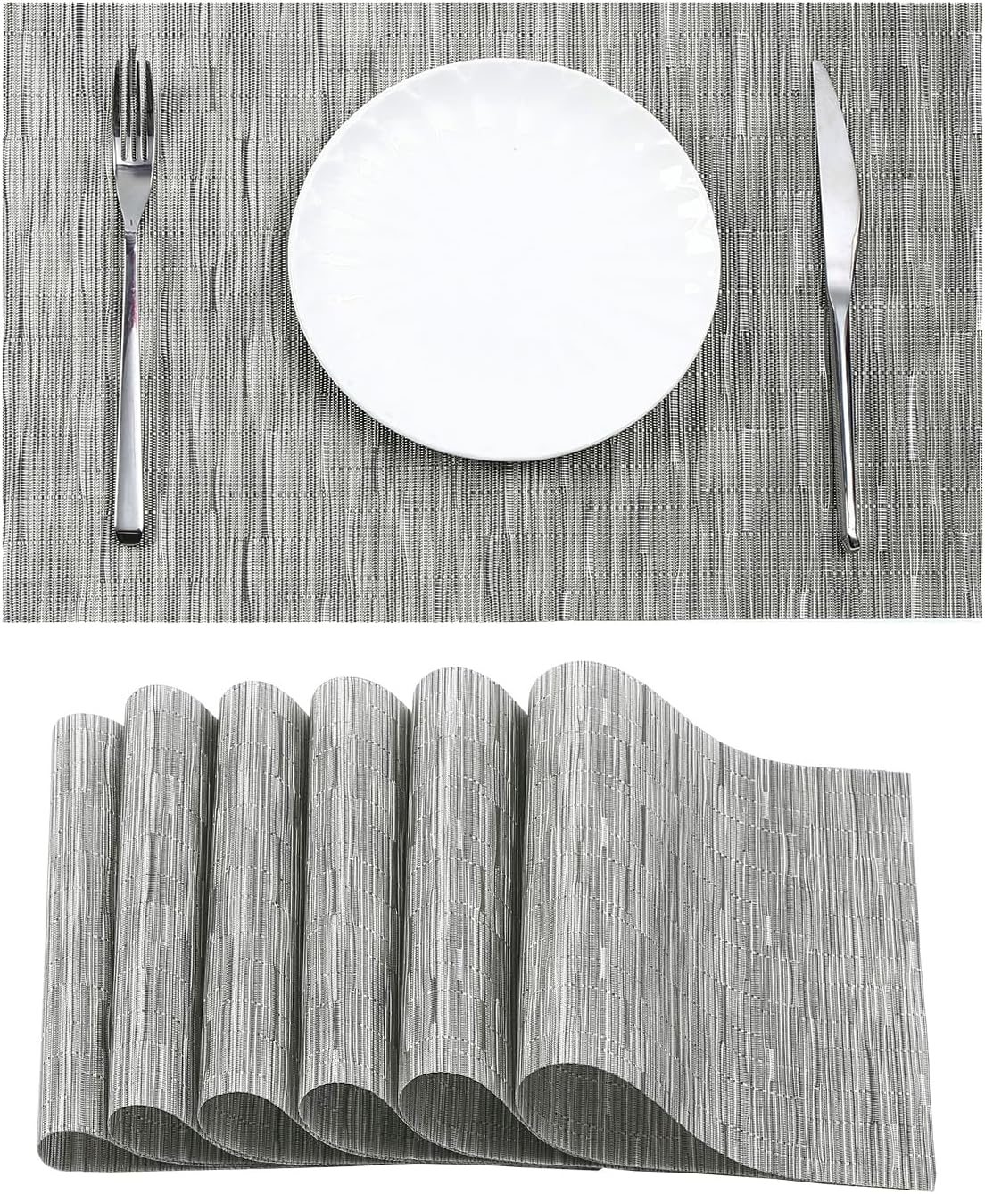 Leetaltree Silver Placemats Set of 6 - Heat Resistant Non-Slip Place mats for Dining Table, Washable Durable PVC Vinyl Woven Table Mats（Silver, 6）