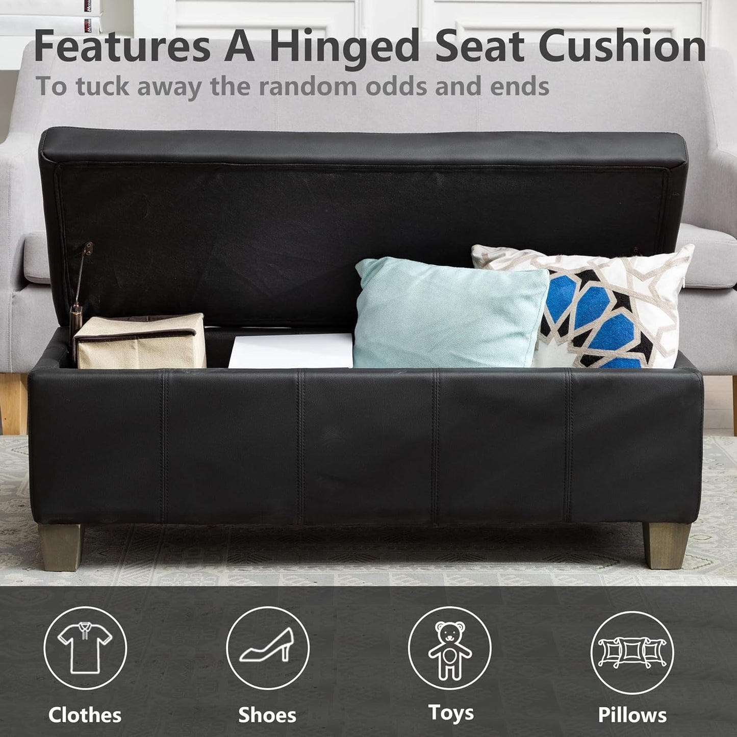 Black Faux Leather Ottoman with Storage, Rectangular Extra Long Storage Bench for Bedroom and Living Room