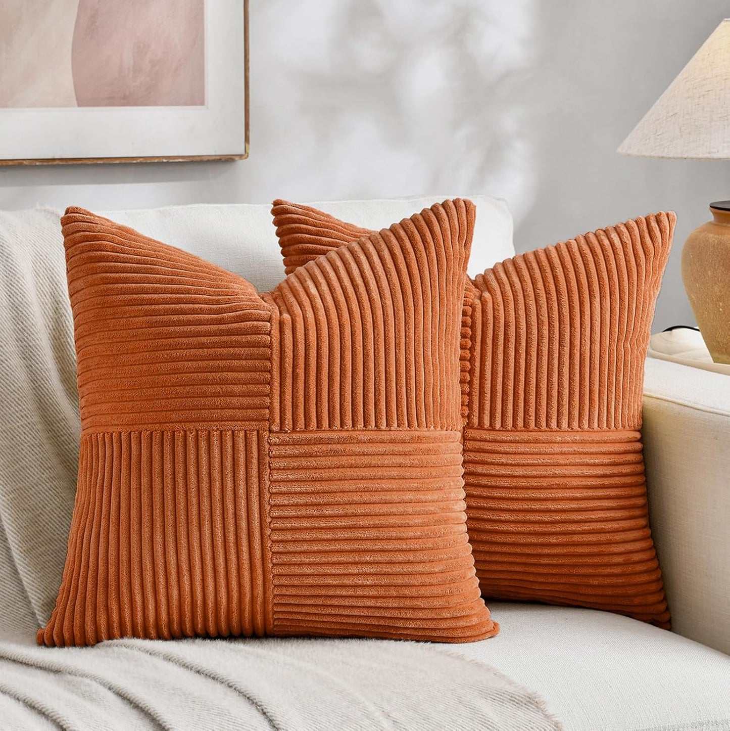 Fancy Homi 2 Packs Burnt Orange Big Decorative Throw Pillow Covers 24x24 Inch for Living Room Couch Bed, Farmhouse Boho Home Decor, Soft Corss Corduroy Patchwork Accent Square Cushion Case 60x60 cm