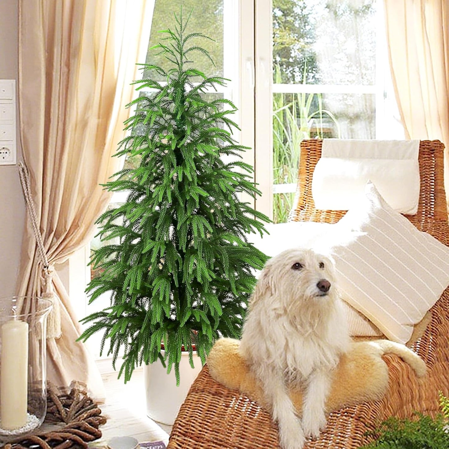 Artificial Norfolk Pine Tree, 4 ft Realistic Christmas Tree, Fake Potted Plants for Front Porch Outdoor Indoor Garden Christmas Decor