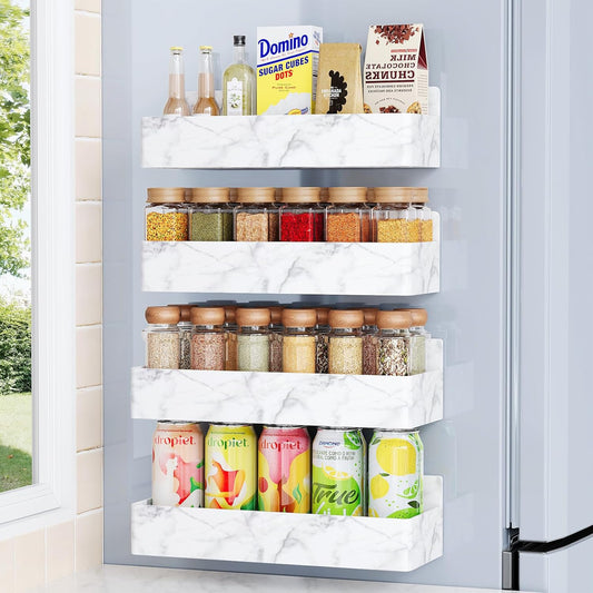 Magnetic Spice Rack for Refrigerator, Kitchen Organizer and Storage Shelf, Marble(4 Pack)