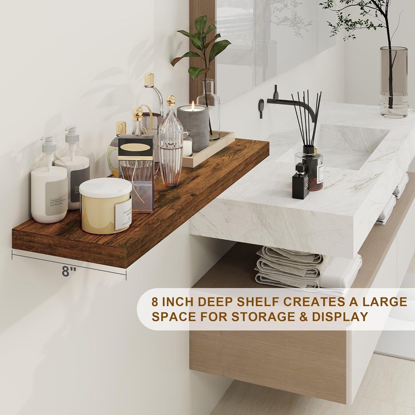 30 Inch Floating Shelves, Rustic Floating Wall Shelves 8 Inch Deep, 30 x 8 Floating Shelves for Home Decor, Deep Storage Shelves for Kitchen, Bathroom, Living Room, Rustic Brown Color, Set of 2