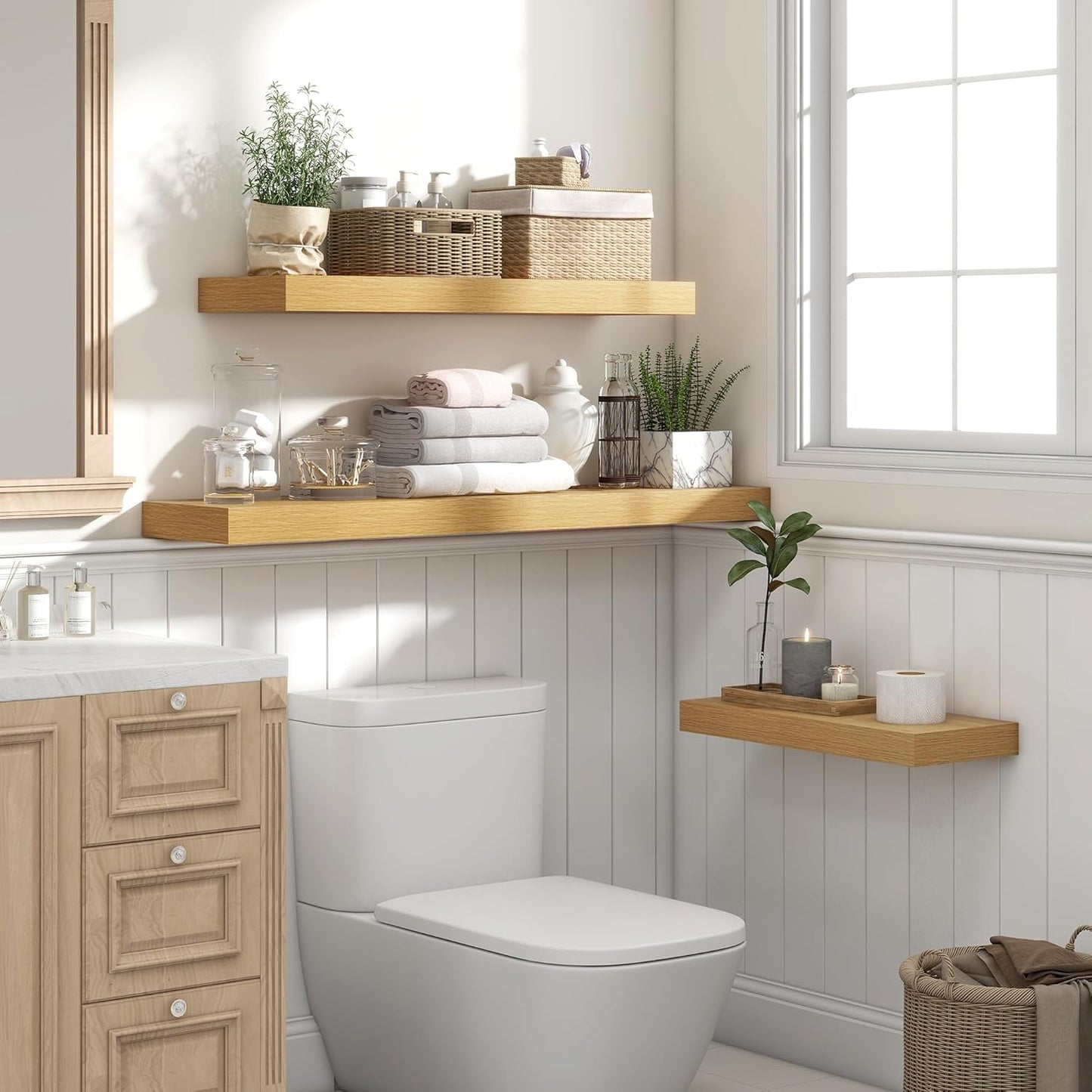 Heimlove 36 Inch Floating Shelves for Wall,10 Inch Deep Wood Shelves with Invisible Brackets,Wall Mounted Storage & Display Shelves for Bedroom,Living Room,Kitchen,Office,Oak Color