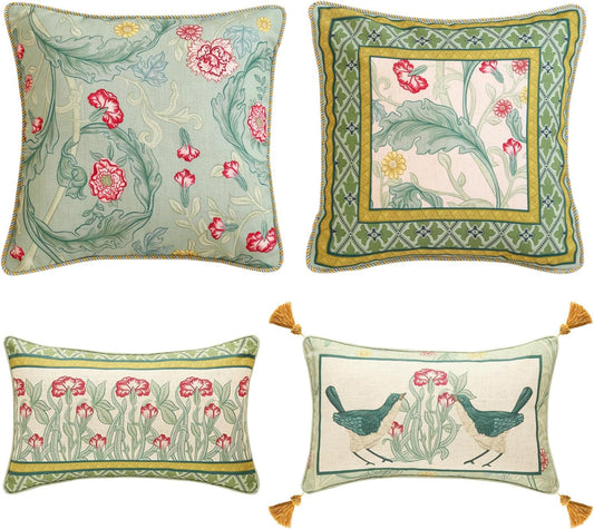 patdrea Designer Pack of 4 Throw Pillow Covers,French Vintage Rustic Linen with Green Floral Pattern Pillows Cover,Decorative Lumbar Square Pillowcases Cushion for Bed Living Room Outdoor Car