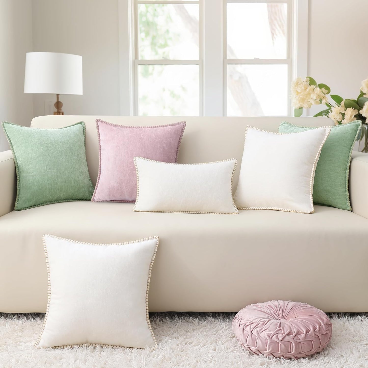 decorUhome Chenille Soft Throw Pillow Covers 22x22 Set of 2, Farmhouse Velvet Neutral Decorative Euro Pillow Covers with Stitched Edge for Couch Sofa Bed Home Decor, Sage Green