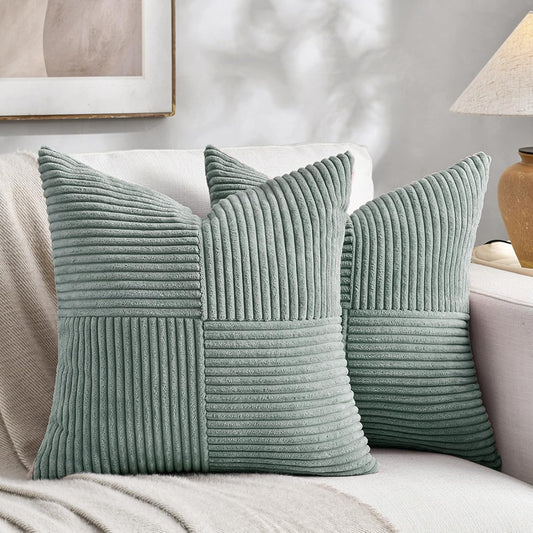 Fancy Homi 2 Packs Grey Blue Decorative Throw Pillow Covers 22x22 Inch for Couch Bed Sofa, Rustic Farmhouse Boho Home Decor, Soft Corss Corduroy Patchwork Accent Square Cushion Case 55x55 cm