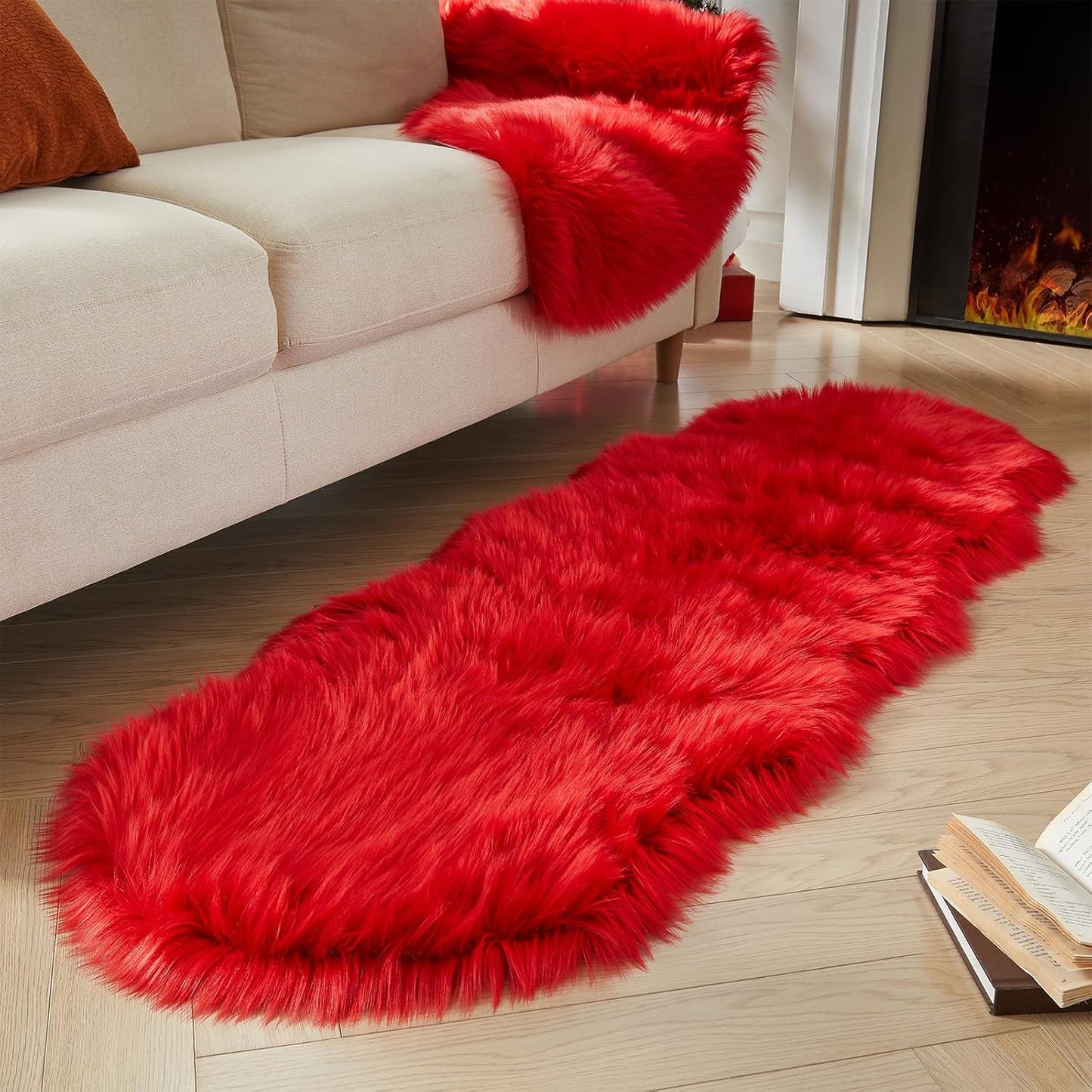 AMTOVO Faux Sheepskin Rug, Red Ultra Soft Fluffy Shag Area Rug, 2 x 6 ft Faux Fur Rug for Bedroom Sofa Throw Cushion Room Decor, Sheepskin