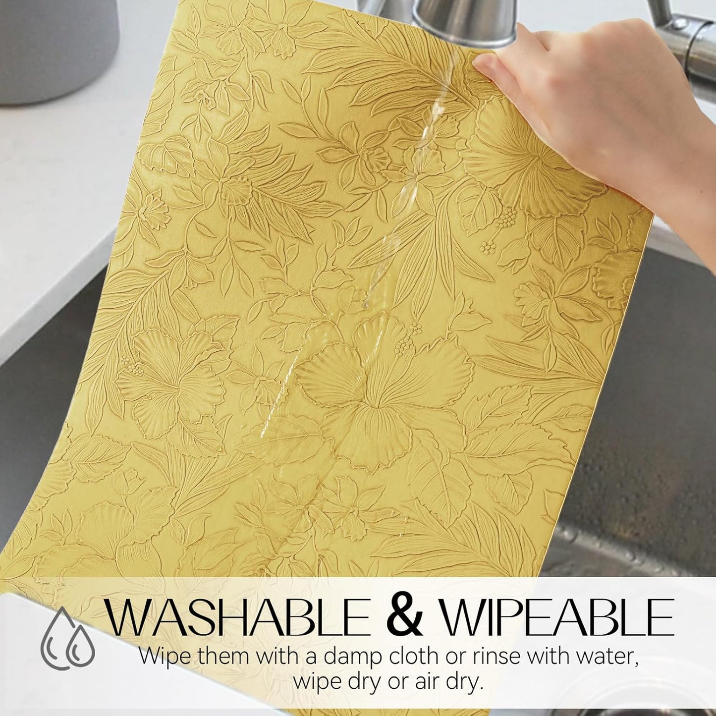 Romanstile Vinyl Placemats Set of 6-12 X 18 Inch - Heat Resistant Non-Slip Embossed Floral Place Mats 100% Waterproof Oilproof Wipeable Faux Leather Table Mats for Kitchen/Dining/Party, Yellow
