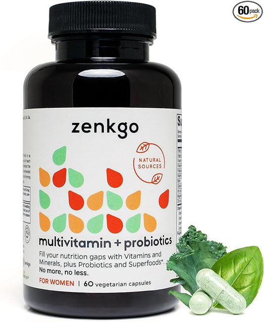 Zenkgo Multivitamins + Organic Whole Foods+Probiotics B6, B12, B12, Vegan D3, K2 K2 (MK-7), (MK-7), Folate, Superfoods(60Ct/30Day)