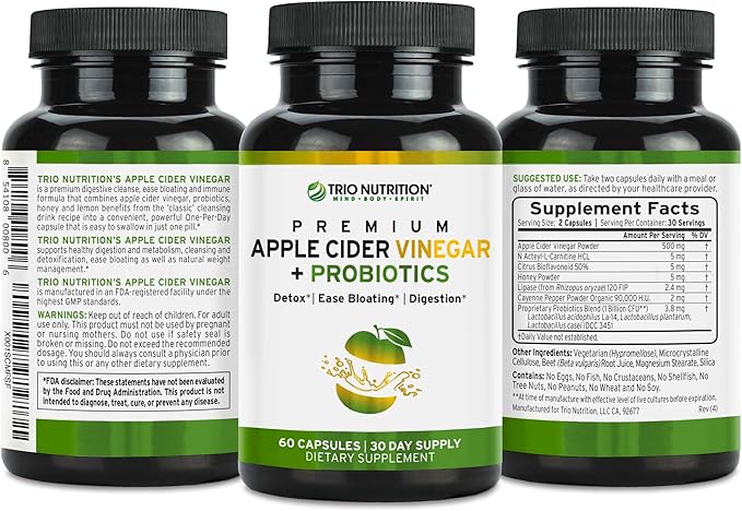 TRIO NUTRITION Apple Cider Vinegar Capsules with Billions of Multi-Strain Probiotics & L-Carnitine - Sugar Free ACV Capsules with The Mother for Gut Health, Immunity, Body Cleanse & Healthy pH*