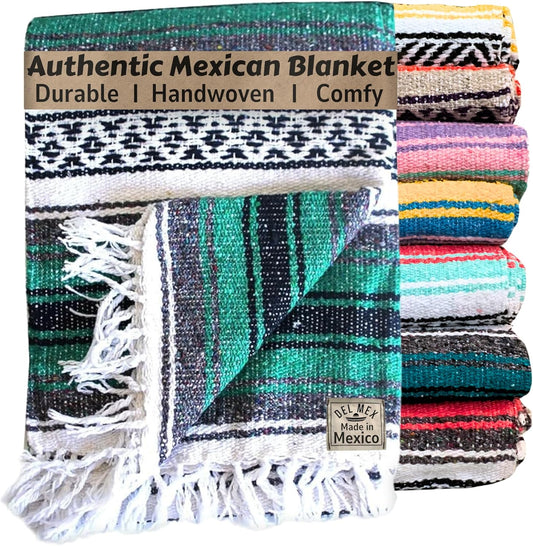 Del Mex Classic Mexican Blanket, Large Authentic Woven Falsa Throw (70"x50"), Artisan Southwest Décor for Beach, Yoga, Outdoors (Teal)