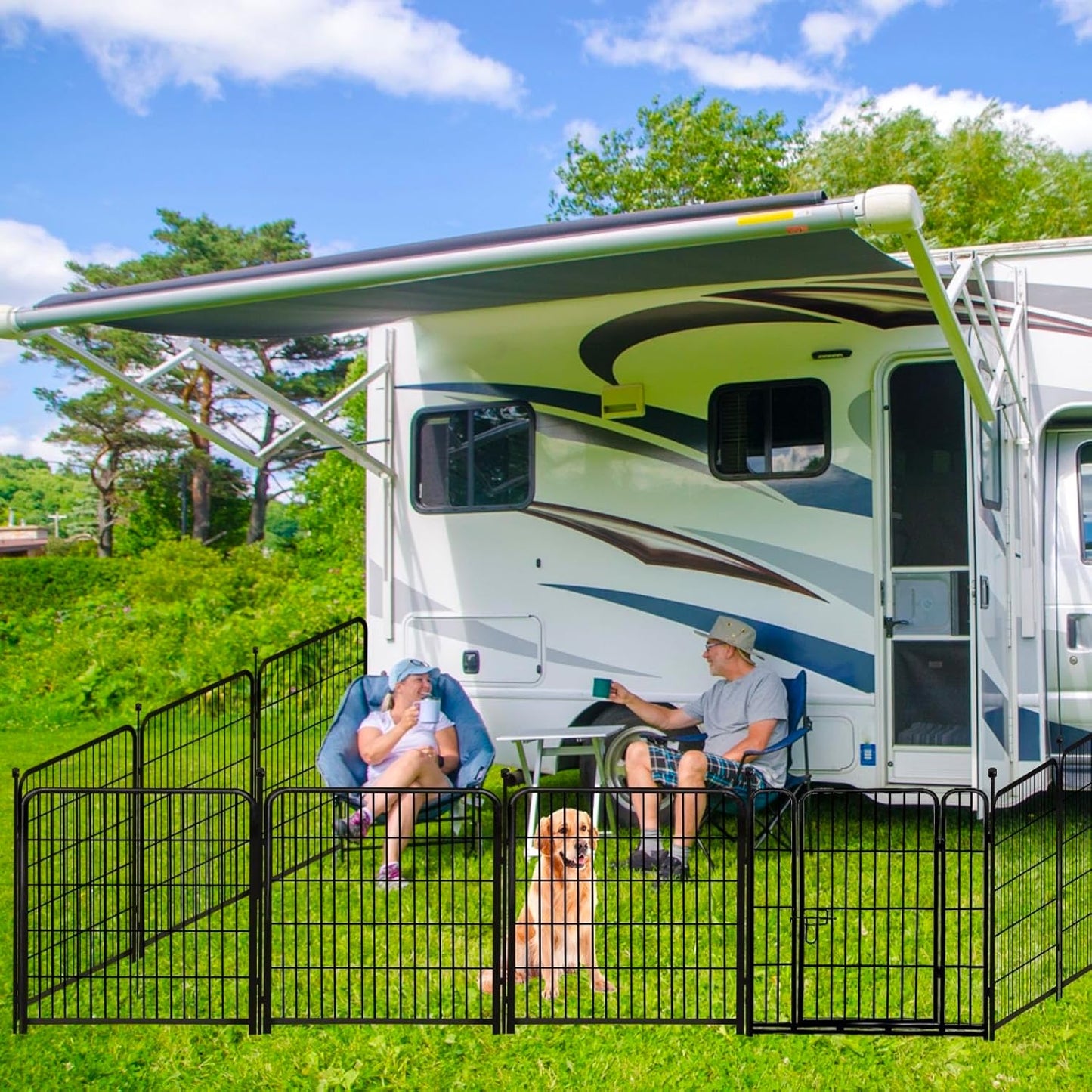 ADAVIN Dog Playpen 36 inch, Low Threshold Door 4 Panels Total 8.9 Ft(L) Tall Garden Fence, Dog Fence Outdoor for Yard, Black Metal Dog Pen Indoor, Dog Exercise Fence for RV Camping