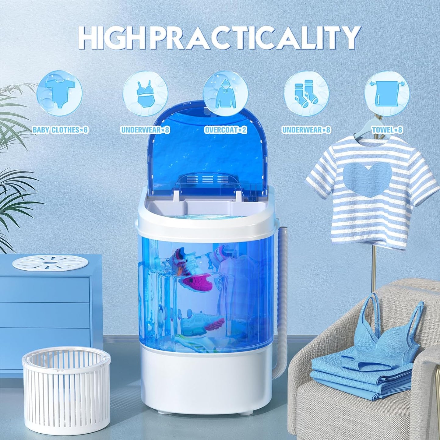 Superday Mini Portable Washing Machine, Single Tub Compact Washing Machine with Spin Cycle, 6.6LBS Washing Capacity Small Electric Washer Machine for Home, Apartments, Outdoor, RV, Dormitory, Blue