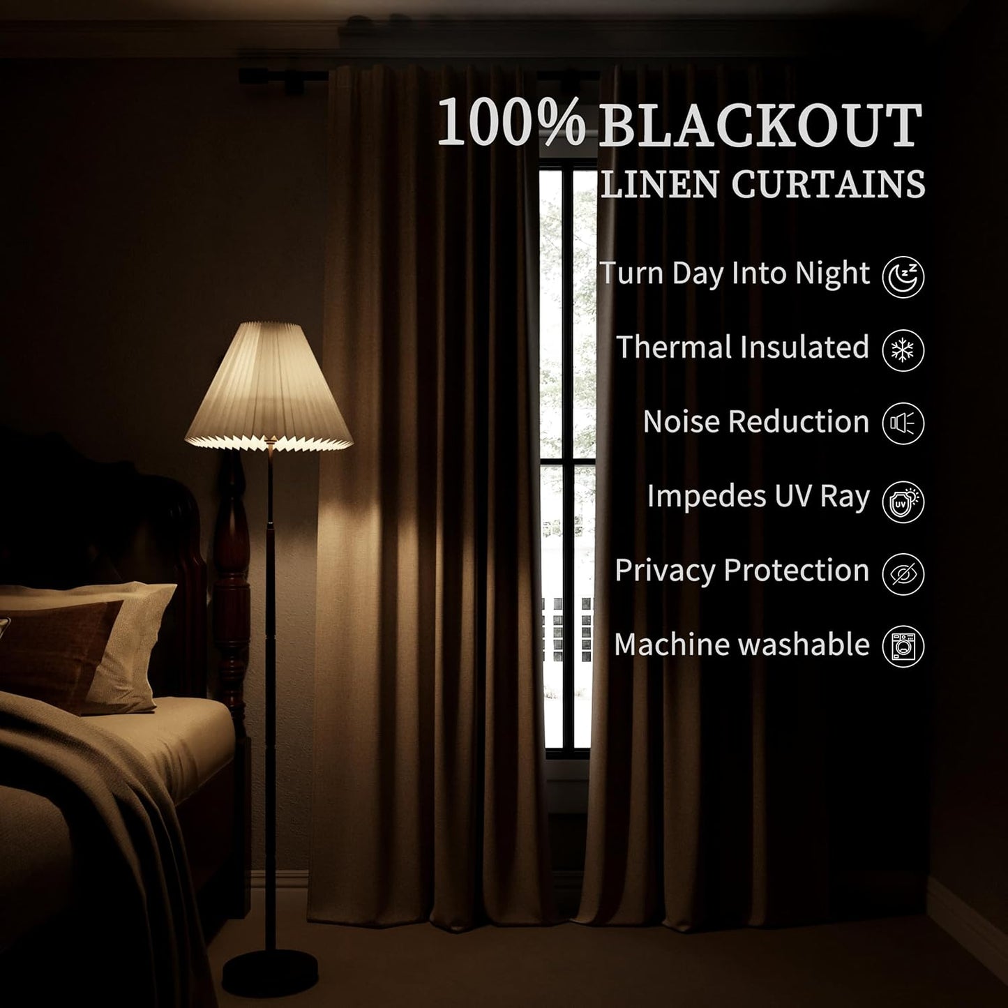 BOODII Linen Blackout Curtains for Bedroom 72 Inch Length 2 Panels Set Room Darkening Curtains Dark Brown Black Out Curtain Neutral Thermal Insulated Living Room Nursery Drapes Back Tab 52x72