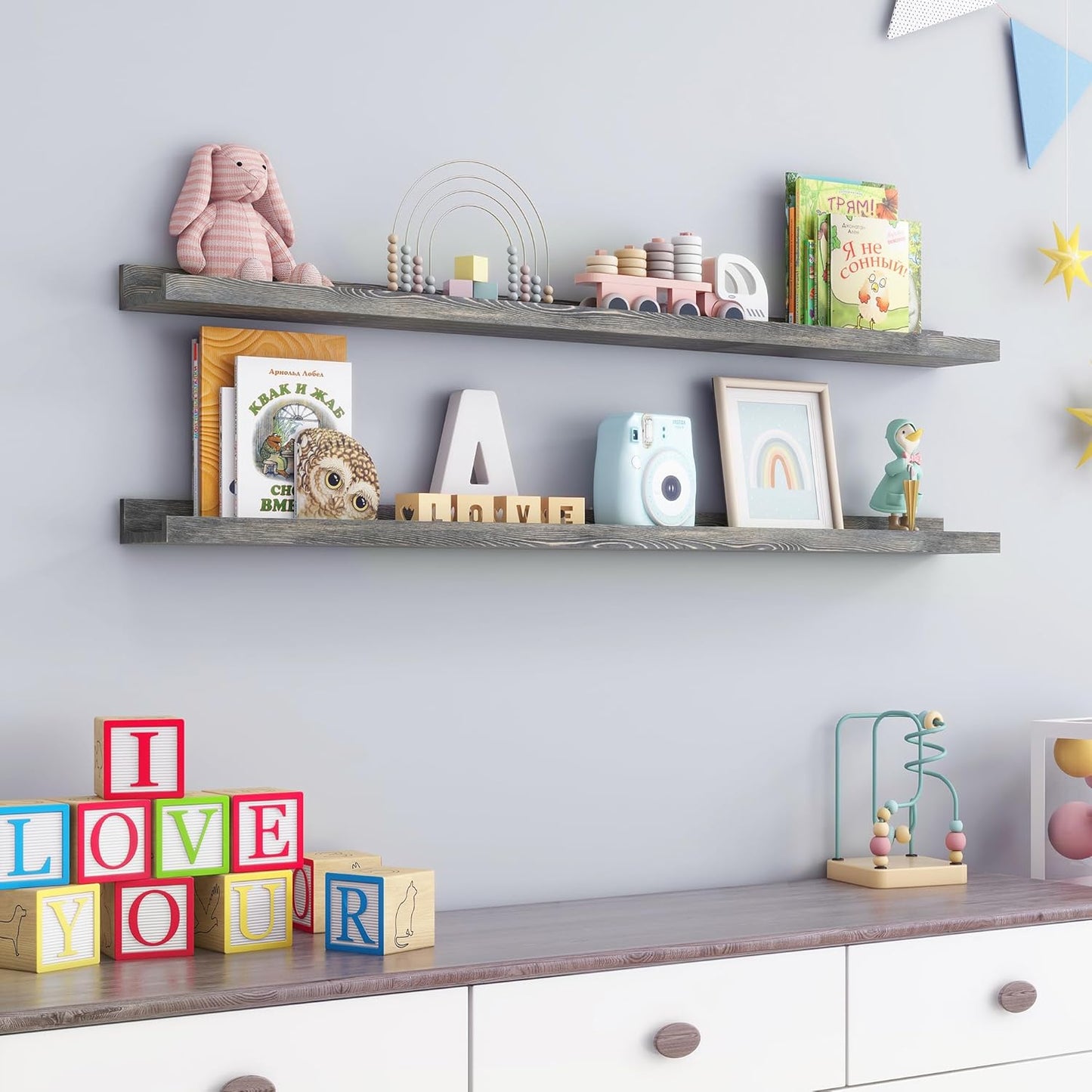 48 Inch Long Floating Shelves for Wall, Solid Pine Wood Picture Ledge Shelves with Lips, Nursery Book Shelves for Toys Storage Living Room Bedroom Photo Frames (2 Pcs, Grey)