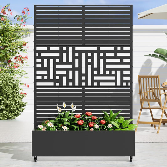 Casaphoria Metal Raised Garden Bed with Trellis and Wheels, 72"x47"x16" Planter Box for Climbing Plants, Vegetables & Vines, Features Drainage Holes and Privacy Screen, Black(Louvered&Helen)