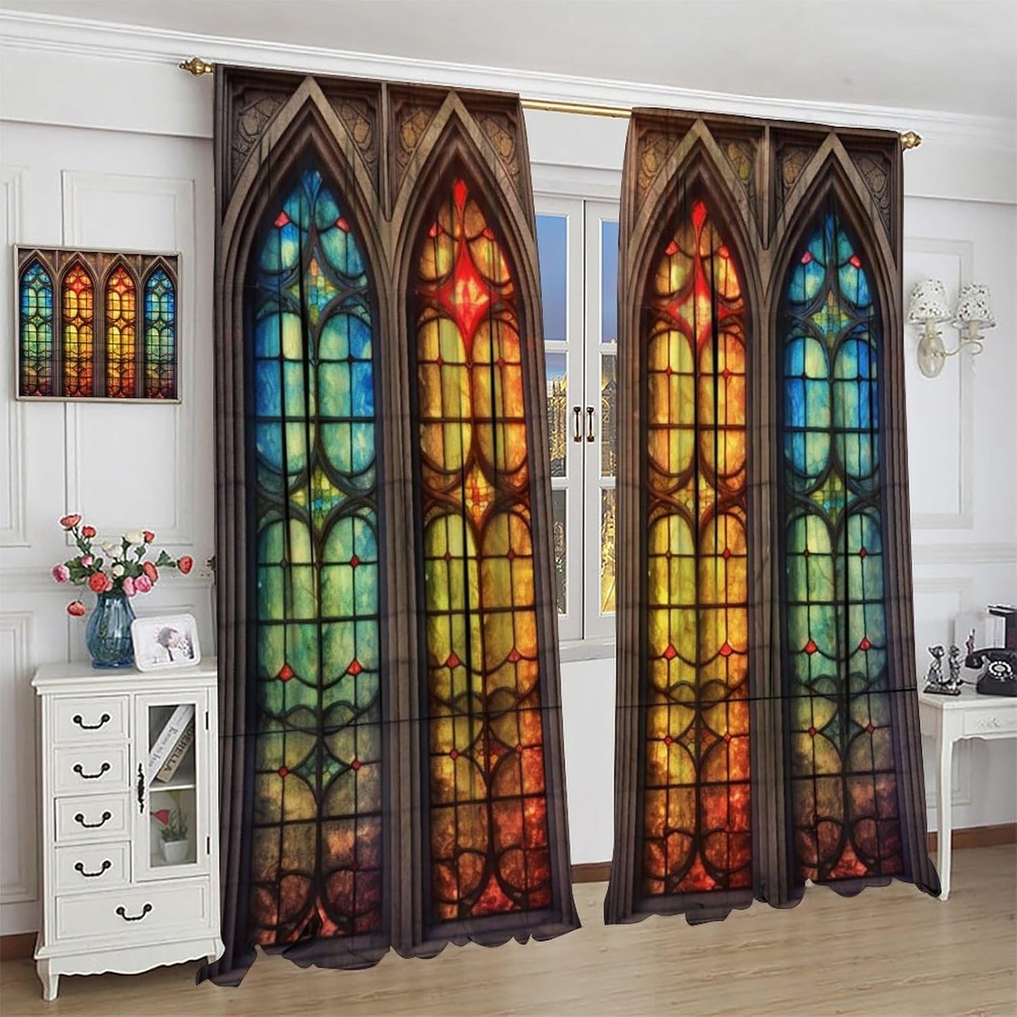 Stained Glass Curtains,Mid Century Vintage Style Abstract Art Home Decor Drapes for Bedroom Living Room Kitchen Window Treatment 2 Panels Set Total Size 55" W X 63" L Inch