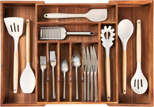 Premium Silverware, Flatware and Utensil Organizer for Kitchen Drawers, Expandable 14.5 to 25 Inches Wide, 10 Compartments, Food-Safe Premium Acacia Wood Finish Kitchen Storage Tray