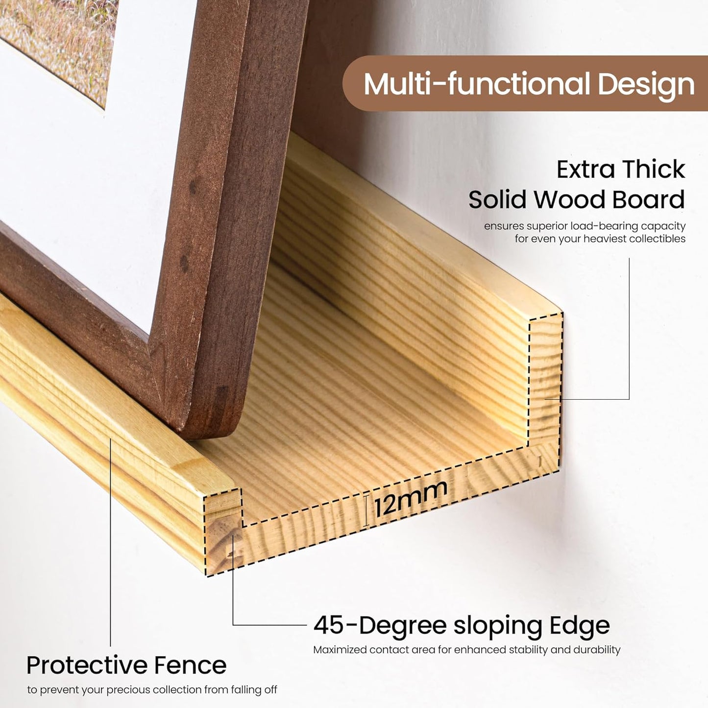 Picture Ledge Shelf, Solid Pine Wood Floating Shelves Set of 2, 32 Inches Nursery Book Shelves for Toys Storage, Kids Bookshelf Wall Mounted for Living Room Bedroom Decor Books Photo Frames, Natural