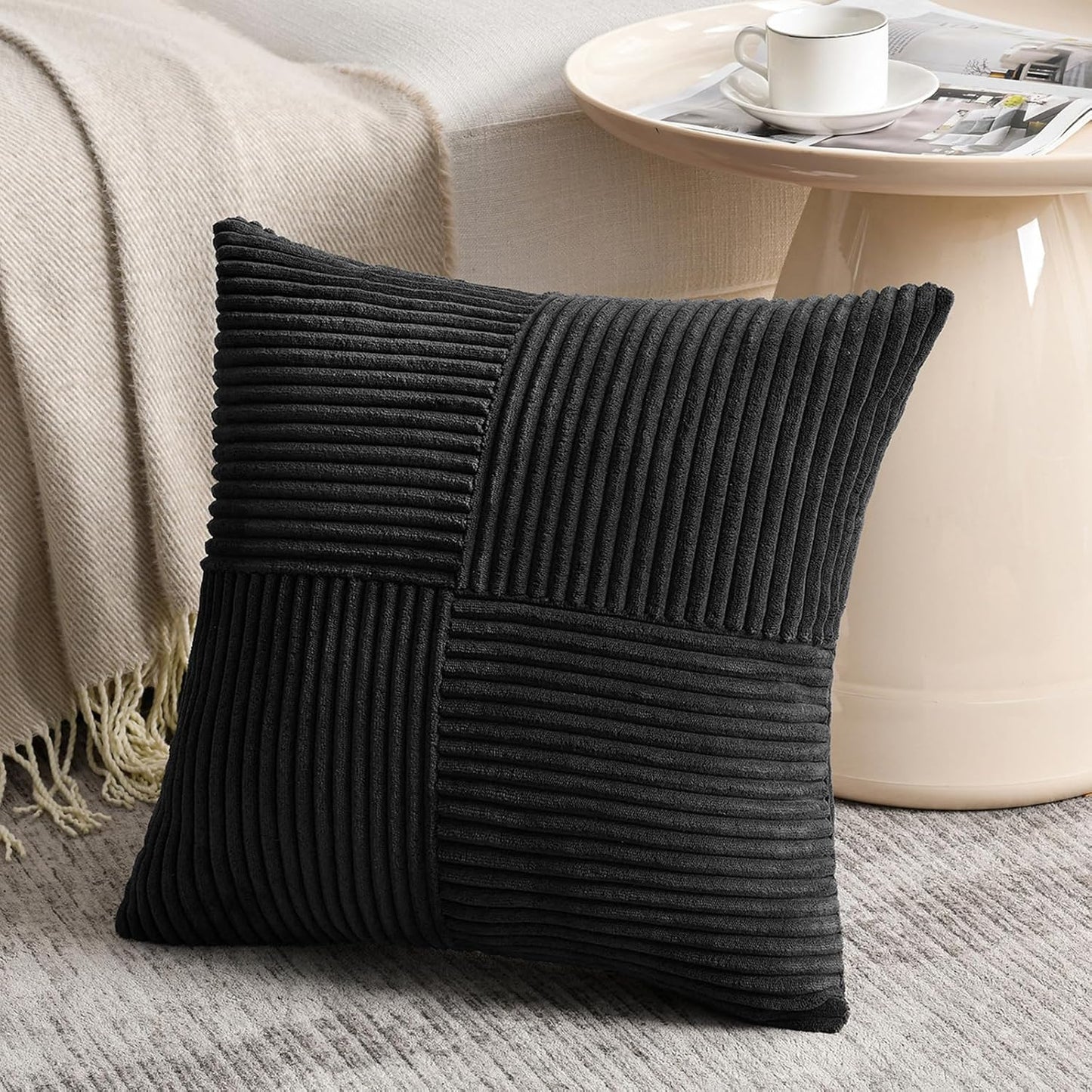 Fancy Homi 2 Packs Black Decorative Throw Pillow Covers 16x16 Inch for Living Room Couch Bed Sofa, Rustic Farmhouse Boho Home Decor, Soft Corss Patchwork Corduroy Textured Square Cushion Case 40x40 cm