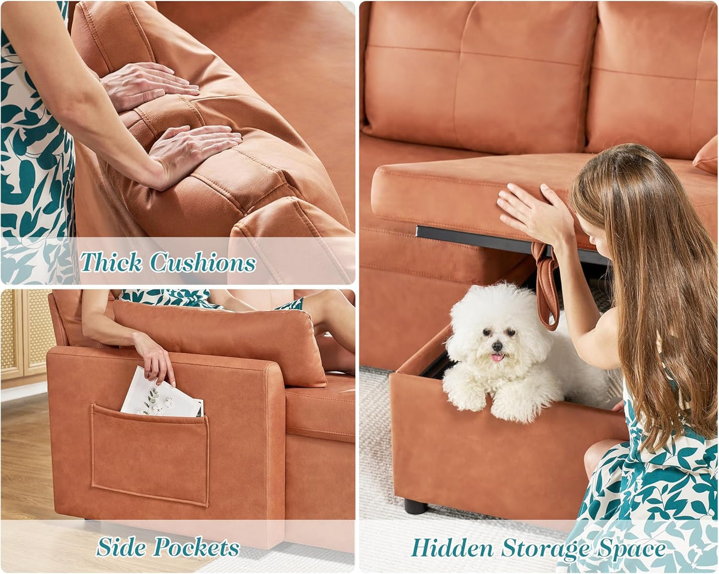 VanAcc Sleeper Sofa, Sofa Bed- 2 in 1 Pull Out Couch Bed with Storage Chaise, Sofa Sleeper Couch for Living Room, Brown Leathaire