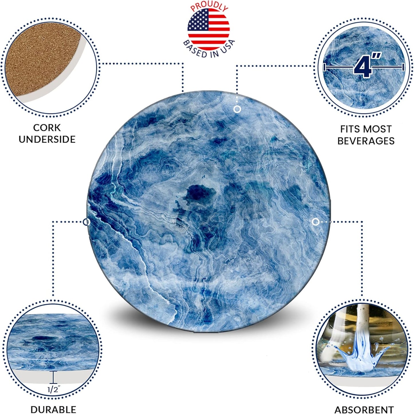 Emerson Coasters for Drinks Absorbent – Natural Stone Drink Coasters Set with Holder, Coasters for Coffee Table, Wooden Tabletop Protection Marble Style – 100% Heavy Duty Set of 6 (Glacier)