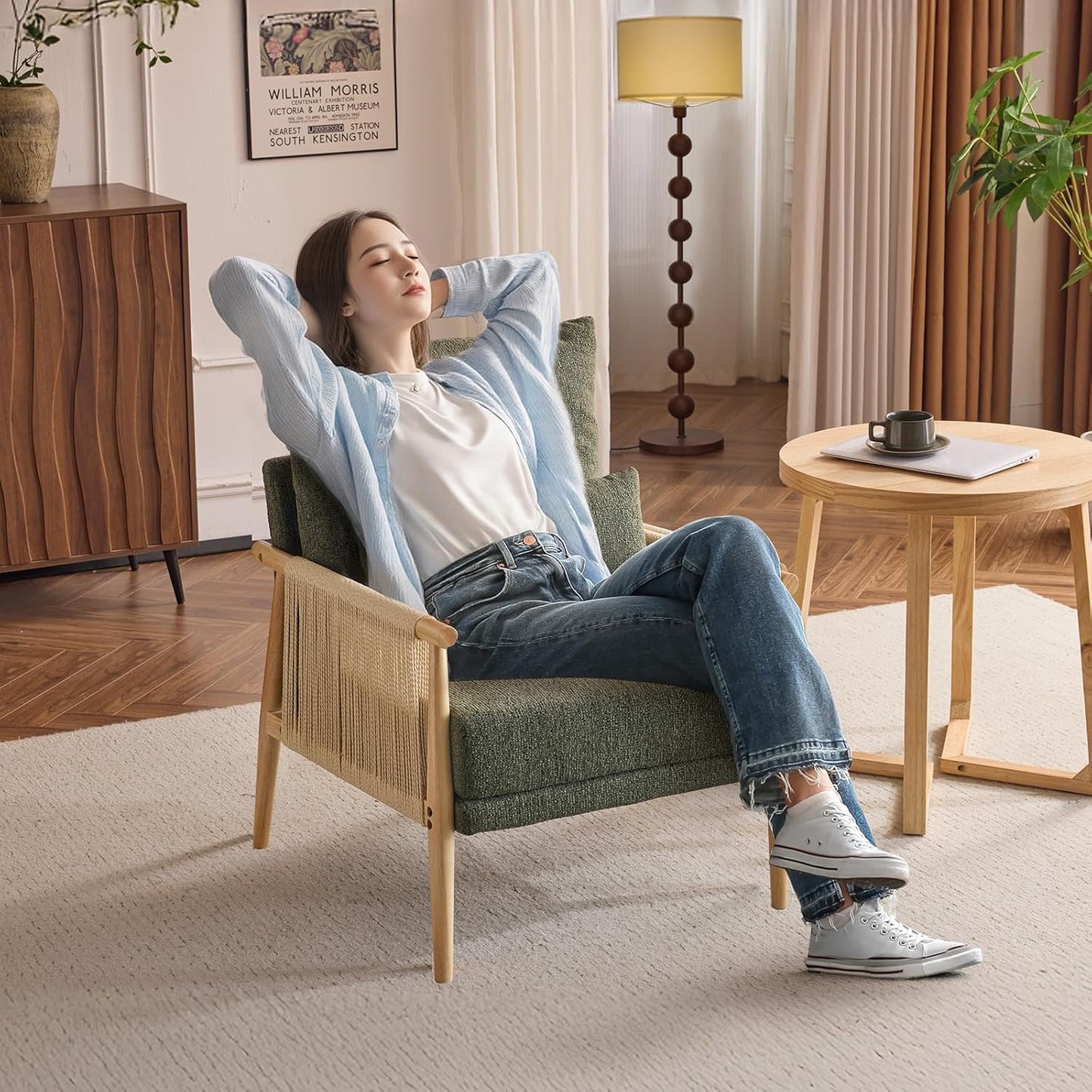 VINGLI Boho Braid Accent Armchair,Mid-Century Modern Chiar with Solid Wooden Armrest,Comfy Louge Cushion Chair with Waist Pillow for Bedroom,Living Room,Reading Room, Dark Green