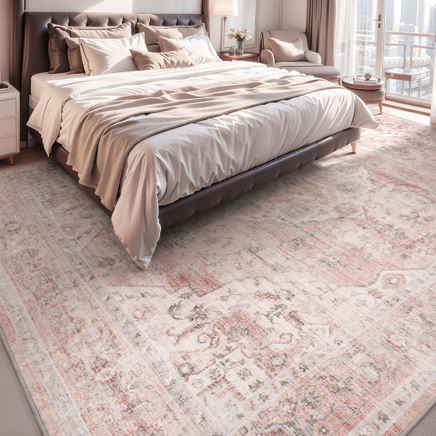 AMOAMI 4x6 Soft Vintage Area Rug - Non-Slip Washable Rug for Living Room, Bedroom, Dining Room, Office - Pink