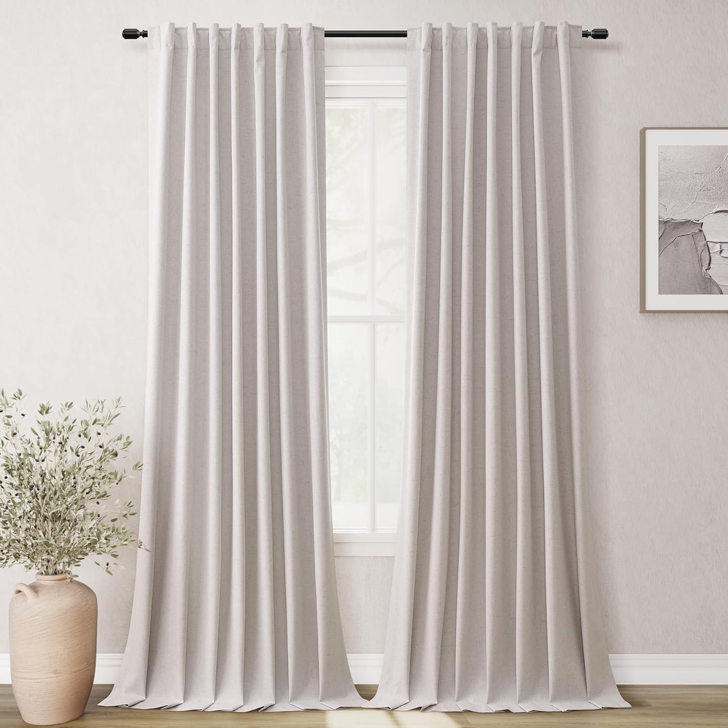 BOODII 108 Inch Black Out Curtains 2 Panels Set Back Tab Thermal Insulated Natural Linen Textured Blackout Curtains Noise Reducing Champagne Neutral Living Room Darkening Window Drapes Pleated 52x108
