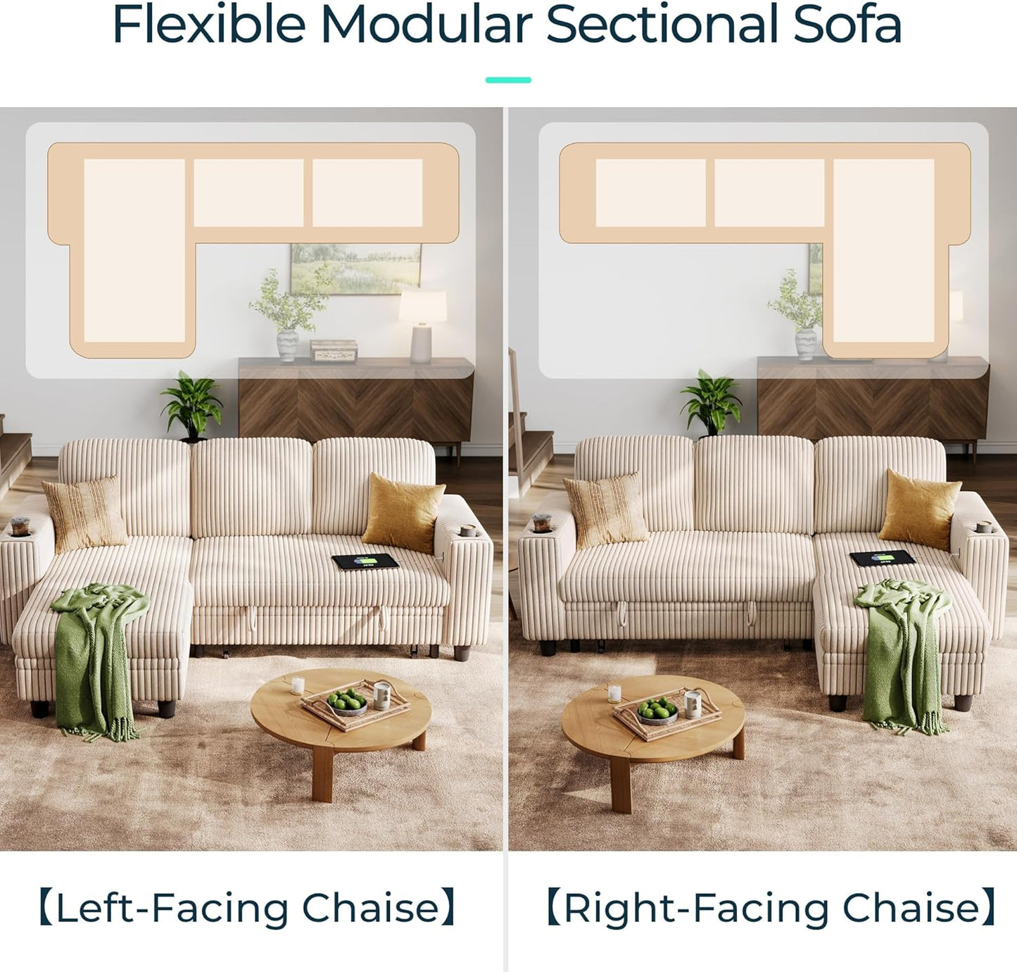 LINSY HOME Sectional Sleeper Sofa with Pull Out Couch Bed - Convertible Plush Corduroy Cloud Couch with Storage Chaise & USB Charging, Comfy L Shaped Modular Couches for Living Room Apartment, Beige